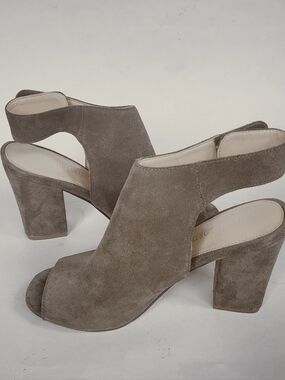 Franco Fortini Lisa Peep-Toe Taupe Suede Open Back Block Heel